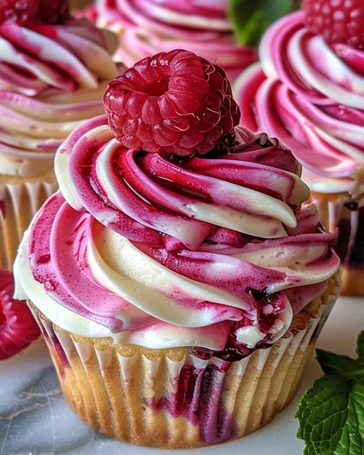 Delicious Raspberry Cheesecake Cupcakes topped with fresh raspberries and creamy frosting.