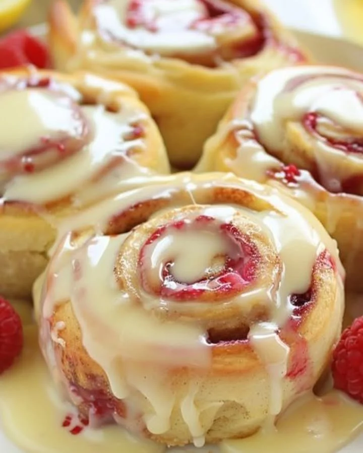 Freshly baked raspberry cinnamon rolls with a drizzle of lemon glaze