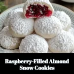 Raspberry-filled almond snow cookies on a plate, dusted with powdered sugar.