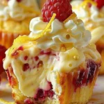 Raspberry Lemon Heaven Cupcakes topped with fresh raspberries and lemon zest