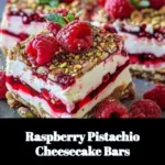 Raspberry Pistachio Cheesecake Bars sliced on a plate topped with fresh raspberries.