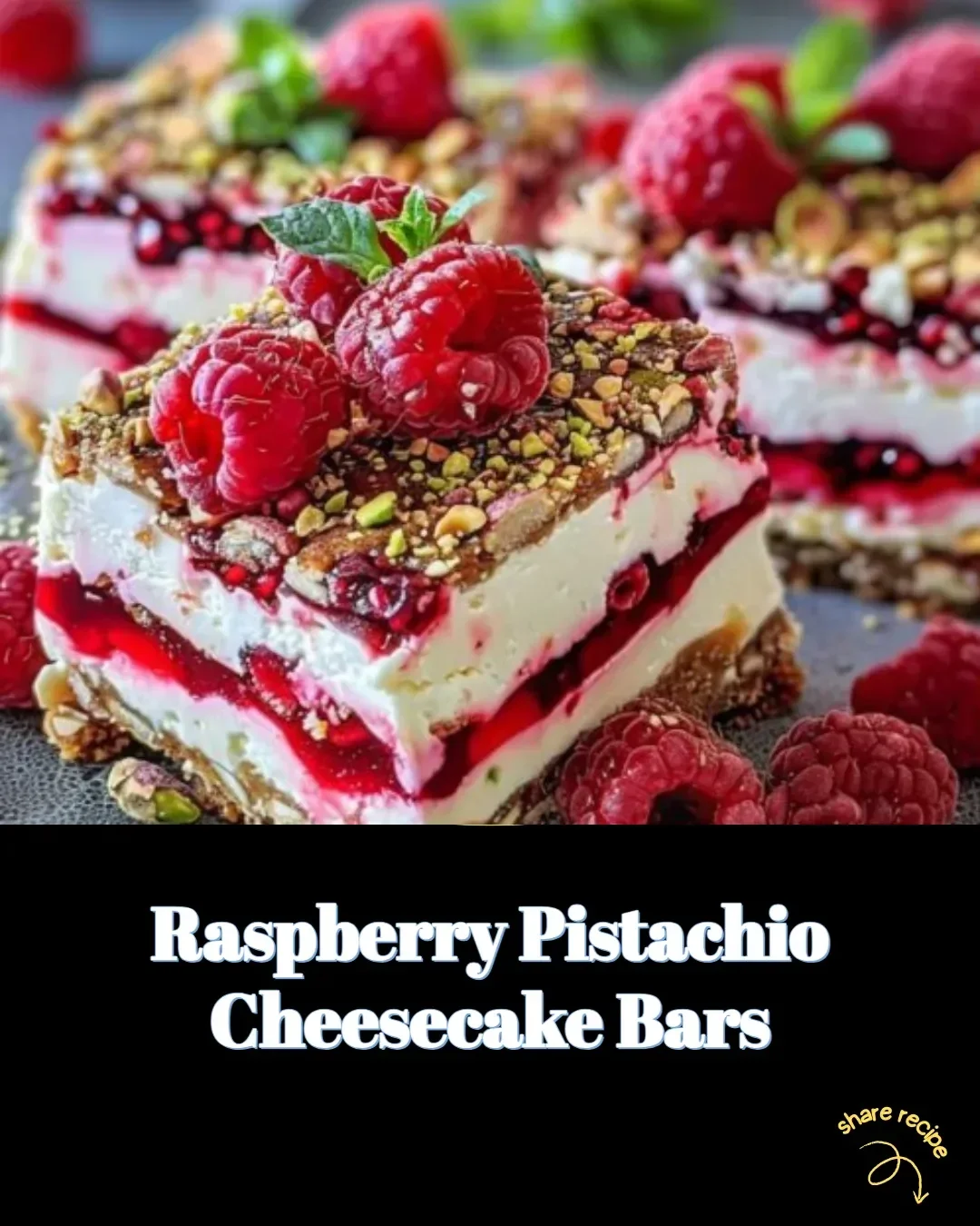 Raspberry Pistachio Cheesecake Bars sliced on a plate topped with fresh raspberries.