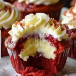 Delicious Red Velvet Cheesecake Cupcake with cream cheese frosting on a plate