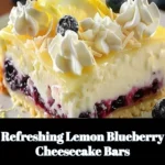 Refreshing lemon blueberry cheesecake bars with blueberries and lemon zest on a plate