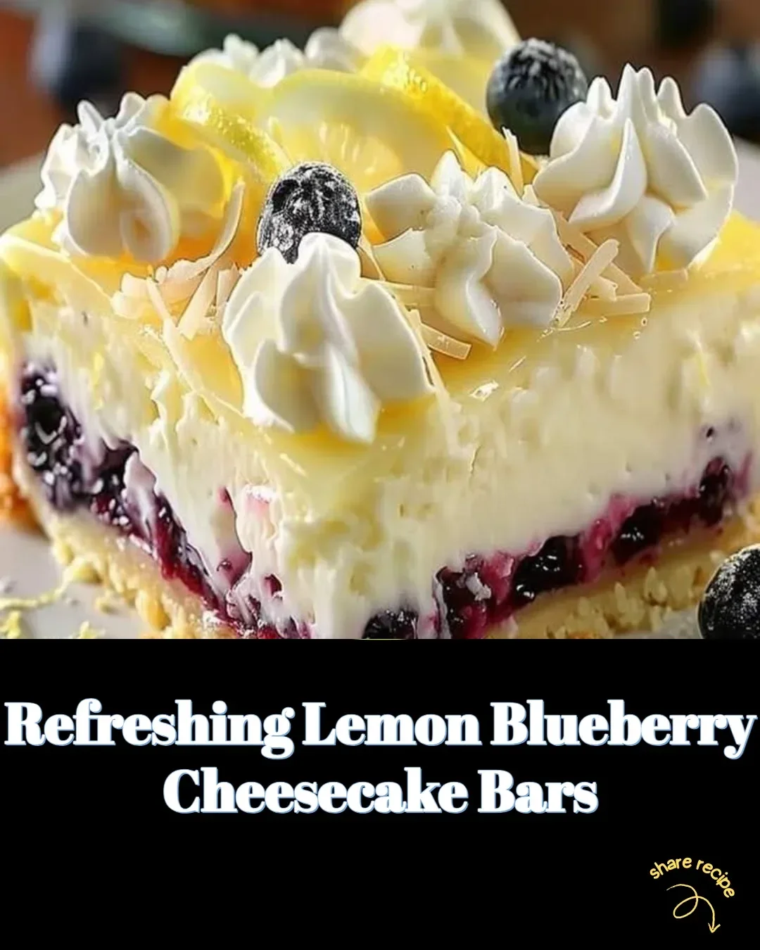 Refreshing lemon blueberry cheesecake bars with blueberries and lemon zest on a plate