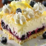 Refreshing lemon blueberry cheesecake bars with a creamy topping and fresh blueberries.
