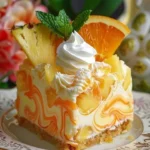 Slice of refreshing Southern Pineapple Orange Swirl Cheesecake on a plate