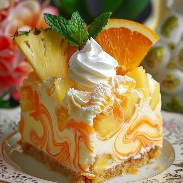 Slice of refreshing Southern Pineapple Orange Swirl Cheesecake on a plate