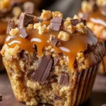 Delicious salted caramel chocolate chunk muffins on a rustic wooden table