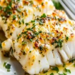 Delicious garlic butter cod with lemon and herbs on a plate