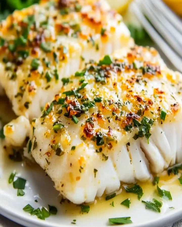 Delicious garlic butter cod with lemon and herbs on a plate