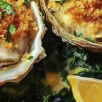 Delicious Savory Oysters Rockefeller topped with herbs and breadcrumbs