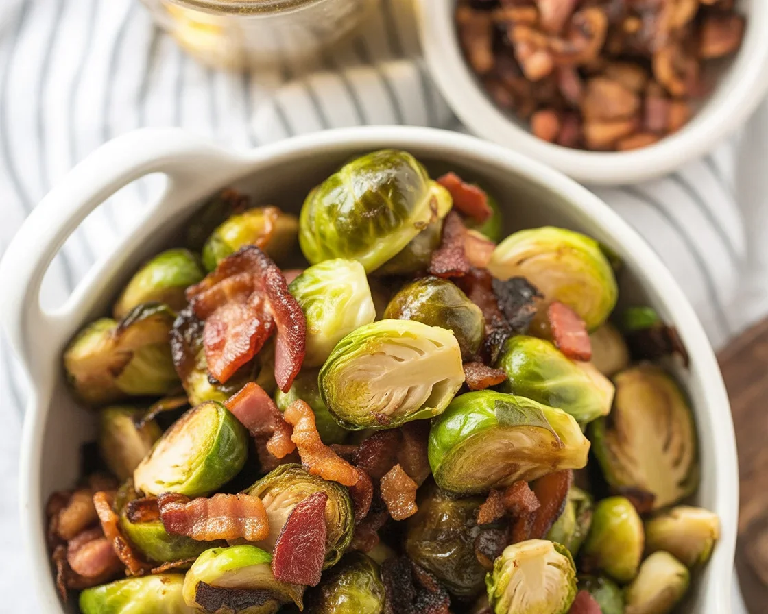 Golden Brussels Sprouts with Bacon & Tangy Mustard Cream, a delicious side dish.