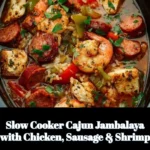 Slow Cooker Cajun Jambalaya featuring chicken, sausage, and shrimp in a flavorful dish