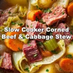 Slow Cooker Corned Beef & Cabbage Stew in a bowl garnished with fresh herbs
