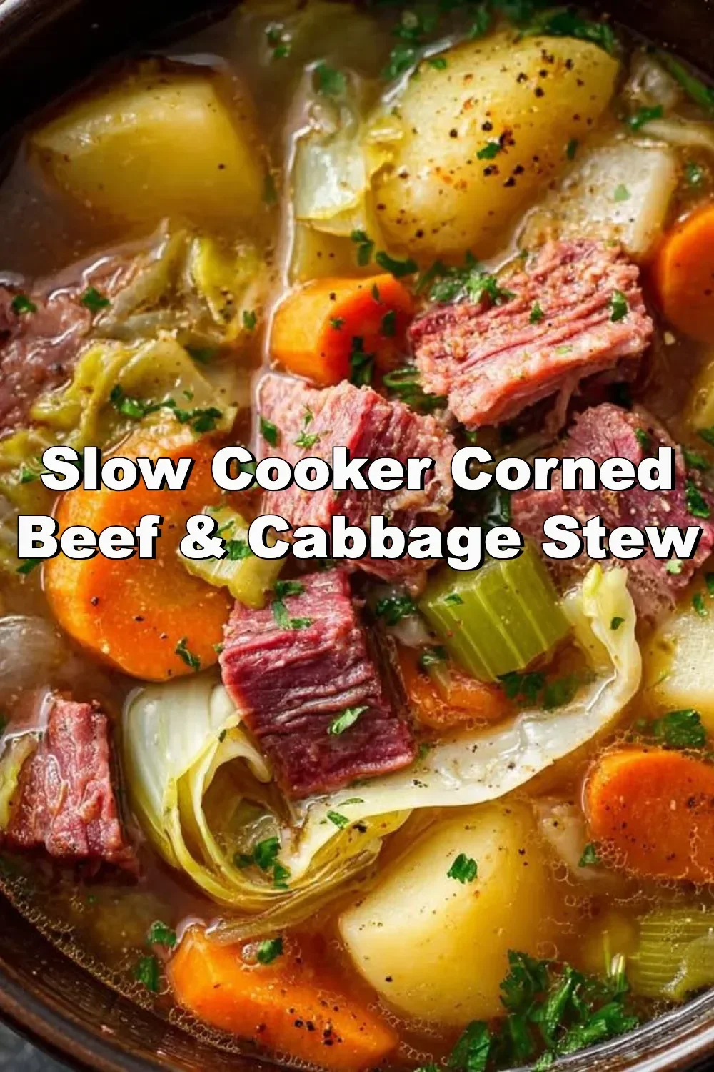 Slow Cooker Corned Beef & Cabbage Stew in a bowl garnished with fresh herbs