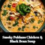 Bowl of smoky Poblano chicken and black bean soup garnished with cilantro.
