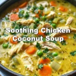 Bowl of soothing chicken coconut soup garnished with fresh herbs.