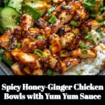 Spicy honey-ginger chicken bowls with yum yum sauce on a wooden table