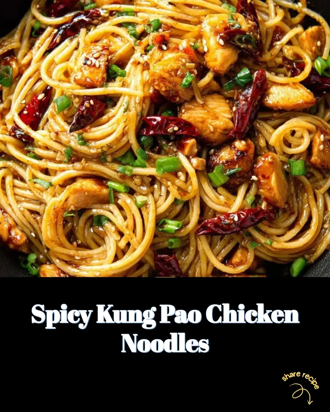 Delicious Spicy Kung Pao Chicken Noodles garnished with peanuts and vegetables.