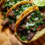 Delicious steak tacos topped with lime and cilantro on a wooden table