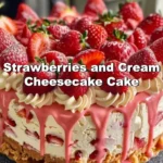 Strawberries and cream cheesecake cake topped with fresh strawberries and whipped cream.