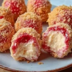 Strawberry Cheesecake Crunch Bites on a plate, showcasing creamy texture and strawberry topping.