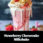 Strawberry cheesecake milkshake topped with whipped cream and fresh strawberries.