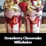 Strawberry cheesecake milkshake topped with whipped cream and fresh strawberries