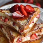 Delicious Strawberry Cheesecake Stuffed French Toast topped with fresh strawberries