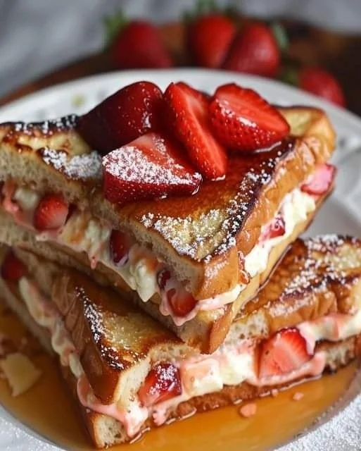 Delicious Strawberry Cheesecake Stuffed French Toast topped with fresh strawberries