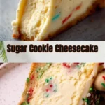 Delicious sugar cookie cheesecake topped with sprinkles and whipped cream
