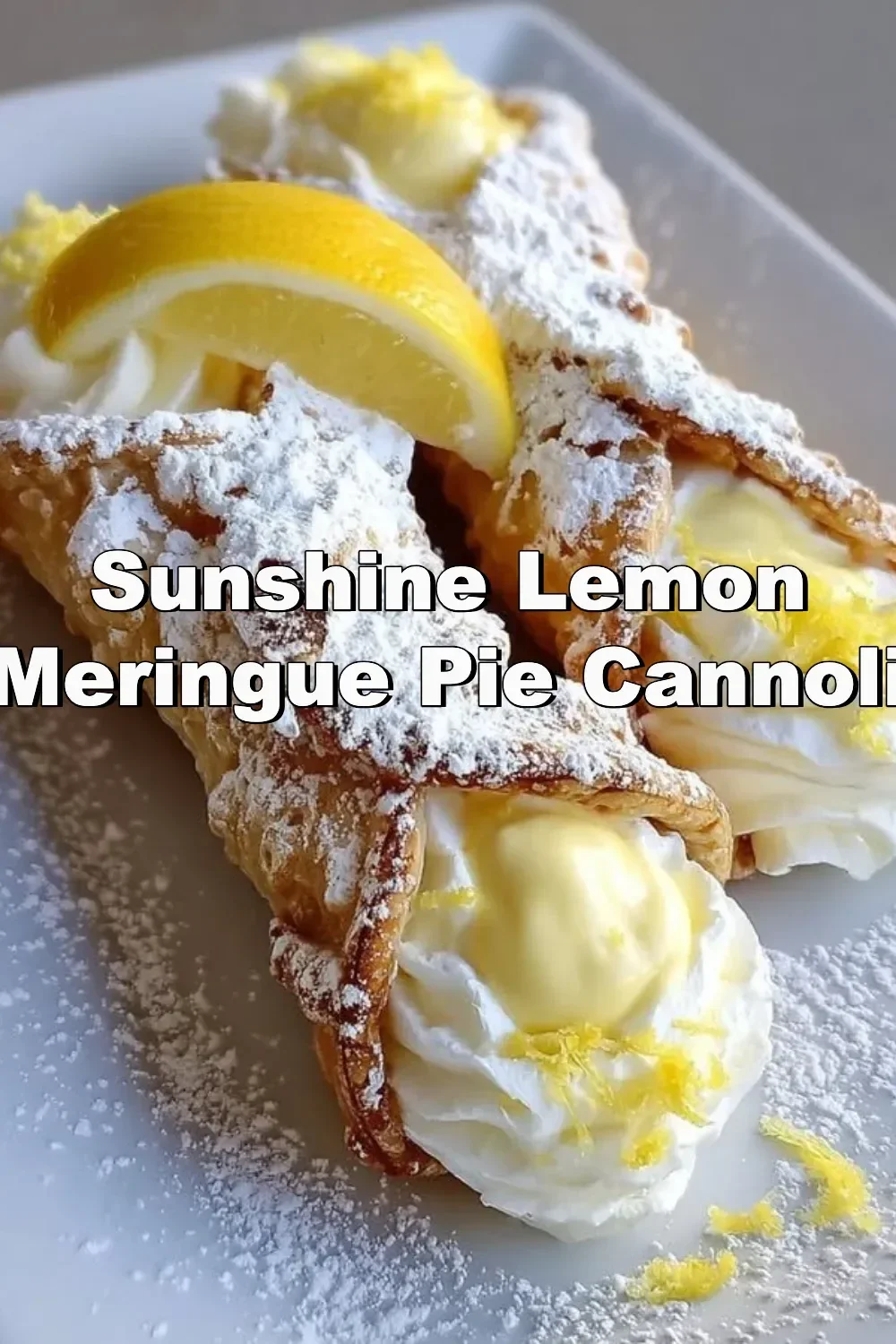 Sunshine lemon meringue pie cannoli filled with creamy lemon filling and topped with meringue.