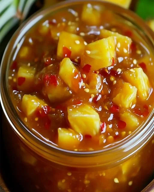 Jar of Sweet Chili Pineapple Sauce with tropical ingredients