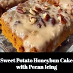 Sweet Potato Honeybun Cake topped with creamy pecan icing on a plate.