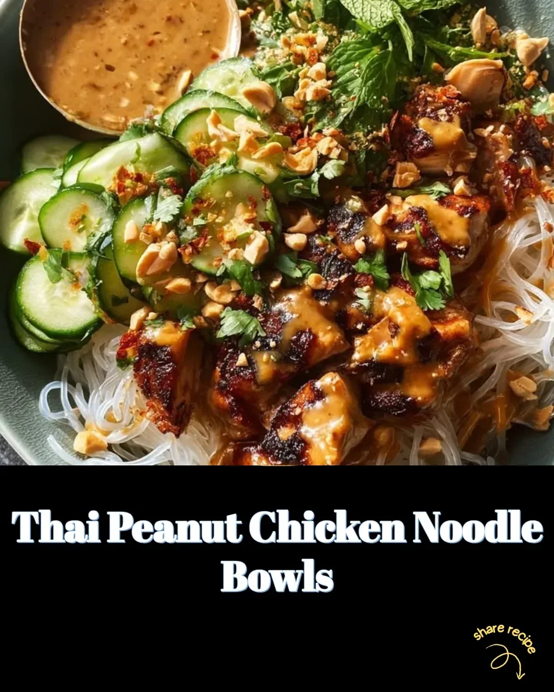 Delicious bowl of Thai Peanut Chicken Noodle Bowls with colorful ingredients