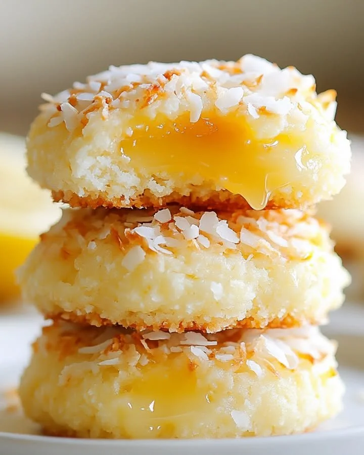 Tropical Lemon Curd Coconut Cookies arranged on a plate with fresh coconut and lemon slices