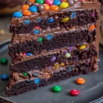 Ultimate Chocolate M&M Celebration Cake topped with vibrant M&Ms and rich chocolate frosting.
