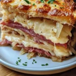 Ultimate Reuben Bake featuring layers of corned beef, sauerkraut, and Swiss cheese.