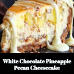 Delicious white chocolate pineapple pecan cheesecake slice on a plate