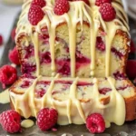 Delicious White Chocolate Raspberry Cake decorated with fresh raspberries and white chocolate shavings