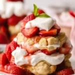 Homemade strawberry shortcake with whipped cream and fresh strawberries.