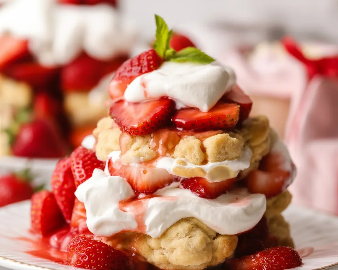 Homemade strawberry shortcake with whipped cream and fresh strawberries.