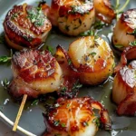 Air fryer bacon wrapped scallops on a plate, crispy and appetizing