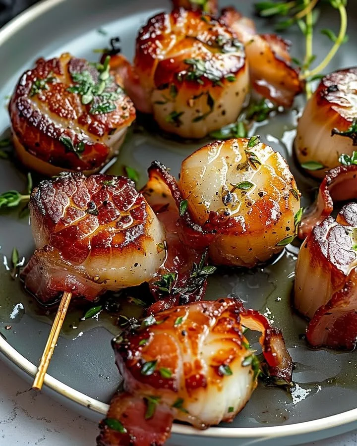 Air fryer bacon wrapped scallops on a plate, crispy and appetizing