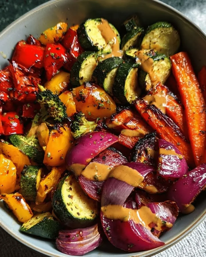 Amazing Roasted Veggie Rainbow Bowl with colorful vegetables