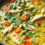 Bowl of anti-inflammatory creamy chicken soup garnished with herbs