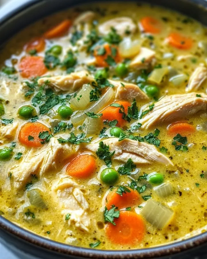 Bowl of anti-inflammatory creamy chicken soup garnished with herbs