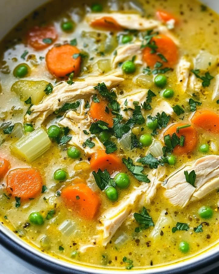 Bowl of anti-inflammatory creamy chicken soup with herbs and vegetables