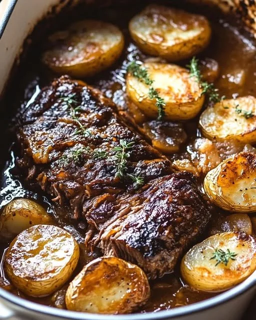 Apple Cider Pot Roast with Potatoes cooked to perfection